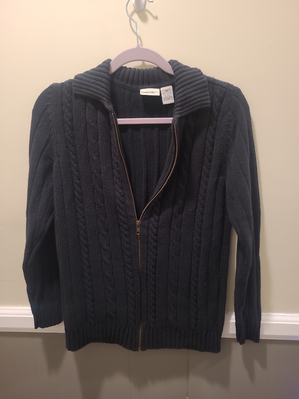 Cherokee Women's Black Cable Knit Zip Front Collared Cardigan Sweater Medium
